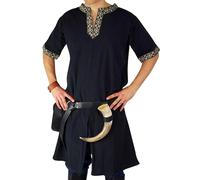Leonardo Carbone® Richard Short Sleeve Tunic - Medieval Clothing Men, Medieval Shirt, Casual Shirts Short Sleeve, Carnival Costume Men, Viking Tunic, LARP Clothing - 100% Cotton, black, XL