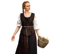 Leonardo Carbone® Selma Women's Vest Bodice Vest Embroidery Details Lacing Front and Back Carnival Halloween Cosplay LARP Medieval Costume 100% Cotton, dark brown, L