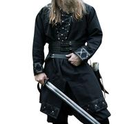 Leonardo Carbone® Viking Tunic Erik Medieval Clothing Men's Casual Shirts Short Sleeve Carnival Costume Viking Tunic LARP Clothing - 100% Cotton with Leather Appliques, black, L