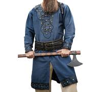 Leonardo Carbone® Viking Tunic Erik Medieval Clothing Men's Casual Shirts Short Sleeve Carnival Costume Viking Tunic LARP Clothing - 100% Cotton with Leather Appliques, darkblue, XL