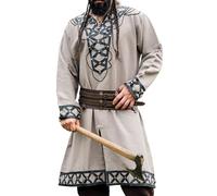 Leonardo Carbone® Viking Tunic Erik Medieval Clothing Men's Casual Shirts Short Sleeve Carnival Costume Viking Tunic LARP Clothing - 100% Cotton with Leather Appliques, sand, 3XL