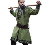 Leonardo Carbone® Viking Tunic Erik Medieval Clothing Men's Casual Shirts Short Sleeve Carnival Costume Viking Tunic LARP Clothing - 100% Cotton with Leather Appliques, Green, XXL