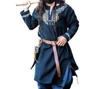 Leonardo Carbone® Viking Tunic, Snorri, Medieval Clothing for Men, Medieval Shirt, Carnival Costume, Viking Tunic, LARP Clothing, 100% Cotton with Urnes Embroidery, black-blue, M
