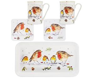 Leonardo Collection 5 Piece Set Winter Robins 2 Fine China Mugs 2 Matching Coasters and Tray.