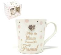 Leonardo Fine China Tea Coffee Mug "Always My Mum Forever My Friend" Spotted Metallic Gold Text Design Diamante Boxed Cup