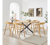 Leonardo Oak Veneer Dining Table & 6 Oak Masa Chairs FurnitureboxUK Brown One Size
