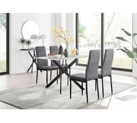 Leonardo White Glass Marble Effect Black Leg Table & 4 Velvet Milan Black Leg Chairs FurnitureboxUK Grey One Size