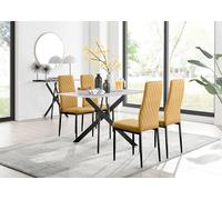 Leonardo White Glass Marble Effect Black Leg Table & 4 Velvet Milan Black Leg Chairs FurnitureboxUK Mustard One Size