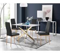 Leonardo White Glass Marble Effect Gold Leg Table & 4 Milan Gold Leg Chairs FurnitureboxUK Black One Size