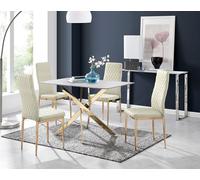 Leonardo White Glass Marble Effect Gold Leg Table & 4 Velvet Milan Gold Leg Chairs FurnitureboxUK Cream One Size