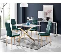 Leonardo White Glass Marble Effect Gold Leg Table & 4 Velvet Milan Gold Leg Chairs FurnitureboxUK Green One Size