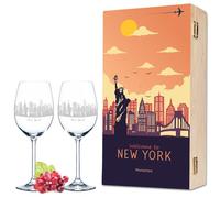 Leonardo Wine Glasses with Skyline New York Engraving as a Set Including Printed Wooden Box Wine Gift - Souvenir Keepsake & Gift - Birthday Gift for Him and Her