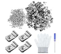 LEONTOOL 200 Pcs Fence Wire Clips Stainless Steel Wire Fencing Fasteners Hog Fence Attachment Wire Clamps with 200 Pcs Stainless Steel Screws,Screwdriver and Gloves for Vinyl, Wood or Metal Fences