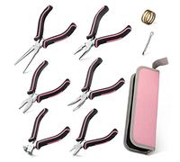 LEONTOOL 6 Pcs Mini Pliers Set Needle Nose Plier End Cutting Pliers Long Reach Curved Jaws Diagonal Cutting Pliers Linemans Pliers for Jewelry Making, Pink, with Pouch