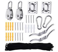 LEONTOOL M15 Stainless Steel Pulley System Kit Single Pulley Block Wire Rope Hanging Wire Towing Wheel with Nylon Rope, Hooks, Eye Pad Plate, and Rope Cleat, for Lifting Gym Equipment Clothesline