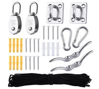 LEONTOOL M20 Stainless Steel Pulley System Kit 9 Piece Set, Heavy Duty 304 Single Pulley Block and Tackle with Nylon Rope, Eye Pad Plate, Cleat Hook, Smooth Bearing for Lifting Hanging DIY Garage Use