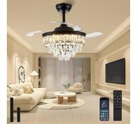 LEONTYNE 36 Inch Ceiling Fan with Light & Remote - Dimmable LED Fandelier Crystal Chandelier Fan,Retractable Blades, 6 Speeds Smart Ceiling Fan Light for Bedroom Living Room Conservatory(Black)