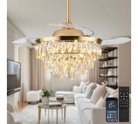 LEONTYNE 36 inch Crystal Ceiling Fan with Light & Remote - Retractable Blades, Dimmable LED, 3 Colour Temperatures - Smart Fandelier Light for Bedroom Living Room Dining Room (Gold)