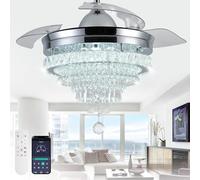 LEONTYNE 42" Crystal Ceiling Fan with Light and Remote,Dimmable LED Fan Lamp,Retractable Invisible Blades, 6 Speeds, Memory Function, Timer Chandelier Fan Light for Bedroom Living Room Dining Room