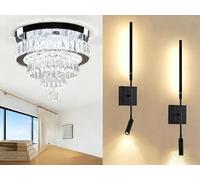 LEONTYNE Luxury Crystal Ceiling Light & Rechargeable Wireless Wall Sconces Bundle - Complete Modern Lighting Set for Living Room, Bedroom, Hallway