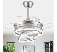 LEONTYNE Modern 36 Inch Retractable Ceiling Fan with Light and Remote,Chandelier Fan Design,Quiet DC Motor, 6 Speeds, Timer,Dimmable LED Fandelier Lamp for Bedroom Living Room (Chrome)