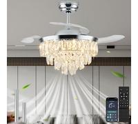 LEONTYNE Quiet 36 inch Retractable Ceiling Fan with Light - DC Motor, Dimmable LED (3 Colours), Remote & App Control - Chrome Crystal Fan Light Ceiling for Bedroom Living Room Dining Room