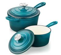 Leonyo - Enameled Cast Iron Saucepan Set with Lid, Small Cast Iron Casserole Dish, Cookware for All Cookers, Pasta, Milk, Oatmeal, Up to 260 C, Lake Green