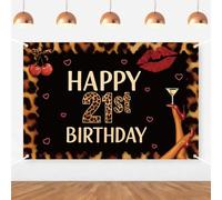 Leopard 21st Birthday Backdrop Red Cherry Lips High Heel Cocktail Hanging Banner Cheetah Birthday Decorations for Girls Wild 21st Cheetah Print Jungle Safari Animals Bday Party Supplies 5×3ft