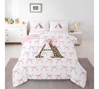 Leopard Alphabet Bow Tie Girls Bedding Set Single Size,Letter A Cheetah Princess Comforter Set,Funky Y2K Preppy Bowknot Quilt Comforter Girls Boys,Pink White Room Decor All Season,1 Pillowcase