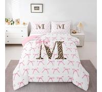 Leopard Alphabet Bow Tie Girls Bedding Set Single Size,Letter M Cheetah Princess Comforter Set,Funky Y2K Preppy Bowknot Quilt Comforter Girls Boys,Pink White Room Decor All Season,1 Pillowcase