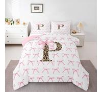 Leopard Alphabet Bow Tie Kids Comforter Set Single Size,Letter P Cheetah Princess Bedding Set Boys Girls Room Decor,Funky Y2K Preppy Bowknot Quilt Comforter,Pink White Bedroom Quilt Set,1 Pillowcase