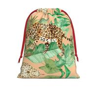 Leopard And Palm Leaves Print Santa Sack Drawstring Bags For Presents, Reusable Plush Holiday Fabric Gift Bags- L Size