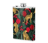 Leopard And Roses Small Stainless Steel Rust-Proof And Leak-Proof Hip Flask With Delicate And Gentle Hand Feel, Sealed With Screw Cover And Durable, And Wrapped With Pu Leather Outside. 8oz Classic