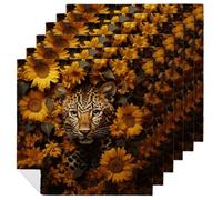 Leopard and Sunflower Napkins 6 PCS 18.7x18.7 Inch, Durable Polyester Cloth Napkins Decorative Handkerchief for Guests Reusable Washable Dining Napkin for Wedding, Hotel, Home Dining