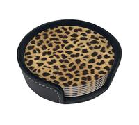 Leopard Animal Print Coasters For Drinks, 6 Pcs Leather Coaster With Holder, Round Cup Mat Pad Set For Home And Kitchen 3.9 Inches
