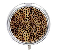 Leopard Animal Print Metal Pill Organizer, 3 Compartment Waterproof Pill Case with Mirror for Purse Pocket Bag, Daily Medicine Vitamin Holder, Portable Travel Med Container(Round)