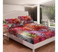 Leopard Bedding Set Red Purple Leopard Bed Sheets for Kids Boys Girls Wild Jungle Animals Bed Sheet Set Stylish Luxury Design Fitted Sheet Bedroom Collection 3Pcs Double Size