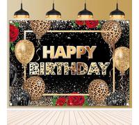Leopard Birthday Backdrop Black Gold Leopard Print Happy Birthday Photography Background Red Rose Adult Party Decorations Banner Photo Props (8x6FT(2.4m x 1.8m))