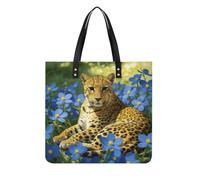Leopard Blue Flowers Square PU Leather Tote Bag