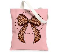 Leopard Bow Canvas Tote Bags, Stylish Heart Pattern Reusable Grocery Bags, Summer Chic Lightweight Washable Shoulder Strap, Peach, 13x15 Inch