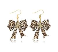Leopard Bow Earrings for Women Statement Cow Print Dangle Earrings Winter New Years Earring Fall Costume Accessories for Party Holiday Outfits Christmas Stocking Stuffers Gifts, Metal, No Gemstone