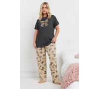 Yours Curve Leopard Bow Print Wide Leg Pyjama Set - Women's - Plus Size Curve Grey