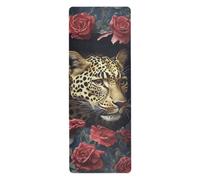 Leopard Breaking Through The Rose Wall Vintage hot yoga mat for floor printed, non slip, non slip yoga towel with bag for carrying tapete para ejercicio 71x26 inches