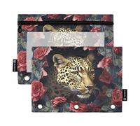 Leopard Breaking Through The Rose Wall Vintage Ringing Binder Organizer with Clear Window Fabric Pencil case Clear Window & Grommets Binders 3 Ringing for Classroom School Office Supplies