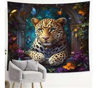 Leopard Butterflies Floral Tapestry, Blue and Gold Decorative Wall Hanging, Aesthetic Tapestries for Bedroom, Living Room, Dorm Decor, Nature Theme, Art Function 50x60 Inch