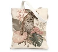 Leopard Canvas Tote Bags, Exotic Animal Floral Pattern Reusable Shopping Bags, Bohemian Chic Lightweight Washable Shoulder Bags for Travel Beach Picnic 13x15 Inch