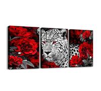 Leopard Canvas Wall Art Set of 3,Red Rose Flowers Paintings Wall Decor for Bedroom Cheetah Print Canvas Art Prints,African Western Wild Animals Pictures Bathroom Wall Decor,Black Grey and White