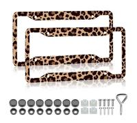 Leopard Cheetah Print License Plate Frames - 2 Pack Universal Aluminum Brown Leopard Print Car Tag Frame Free Screws Fasteners Caps