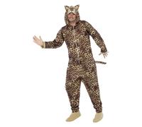 Smiffys Leopard Costume, Brown All In One with Hood, Party Animals Fancy Dress, Animal Dress Up Costumes