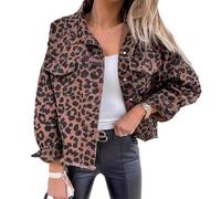 Leopard Denim Jacket for Women, Leopard Print Denim Jacket, Leopard Print Long Sleeve Cropped Loose Denim Jacket (L,Leopard Print)